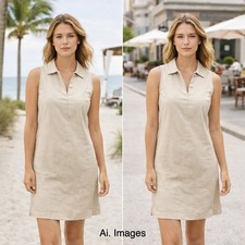 Dockers Linen Blend Shift Shirt Dress Sz. Sm. Sleeveless Collared Khaki Coastal