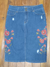 Western style Skirt Sz 10 Stretch Denim Skirt Floral Embroidery Knee Length