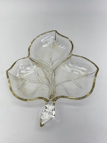 Clear Glass 3-Section Ivy Leaf Shaped Divided Relish Candy Dish with Stem Handle