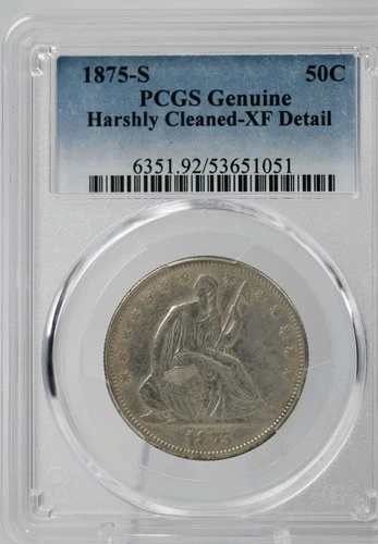 1875 S 50c Seated Liberty Half Dollar Harshly Cleaned XF Detail PCGS Genuine