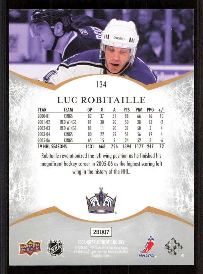 2007-08 SP Authentic #134 Luc Robitaille NOT /1999 - Image 2 of 2