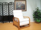 White rattan recliner with padded backrest and armrests, displayed in a light green room with black circular fencing.