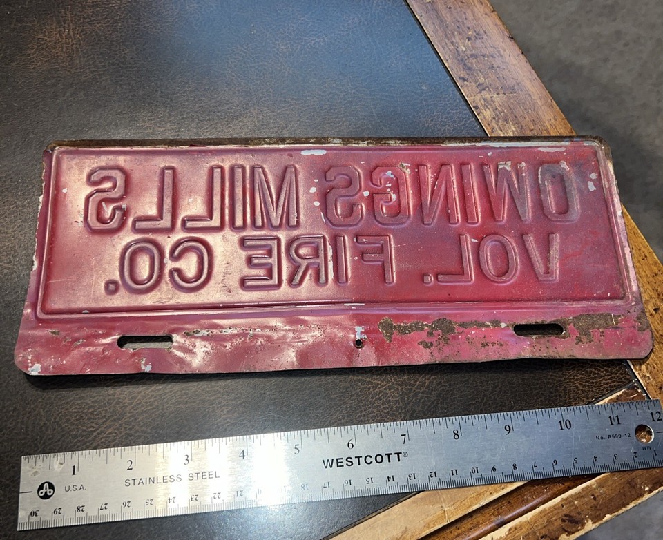 Vintage Used Metal Owings Mills Volunteer Fire Department License Plate