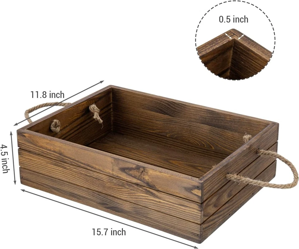 Brown Wood Decorative Storage Box, Farmhouse Containter w/ Rope Carrying Handles - Image 4 of 4