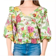 Love The Label Mitzie Floral Ruffle Puff Sl.Blouse Romantic Feminine Sz XS Boho