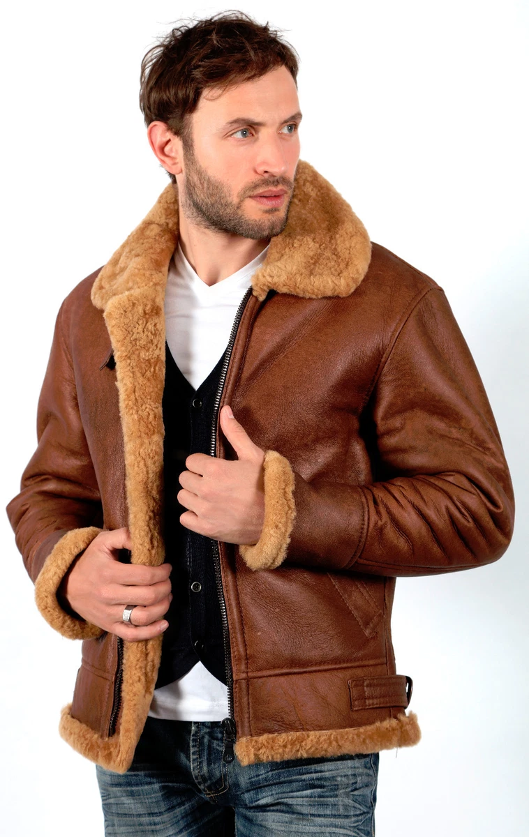 Men s Brown B3 Aviator Sheepskin WW2 Bomber Leather Pilot Jacket