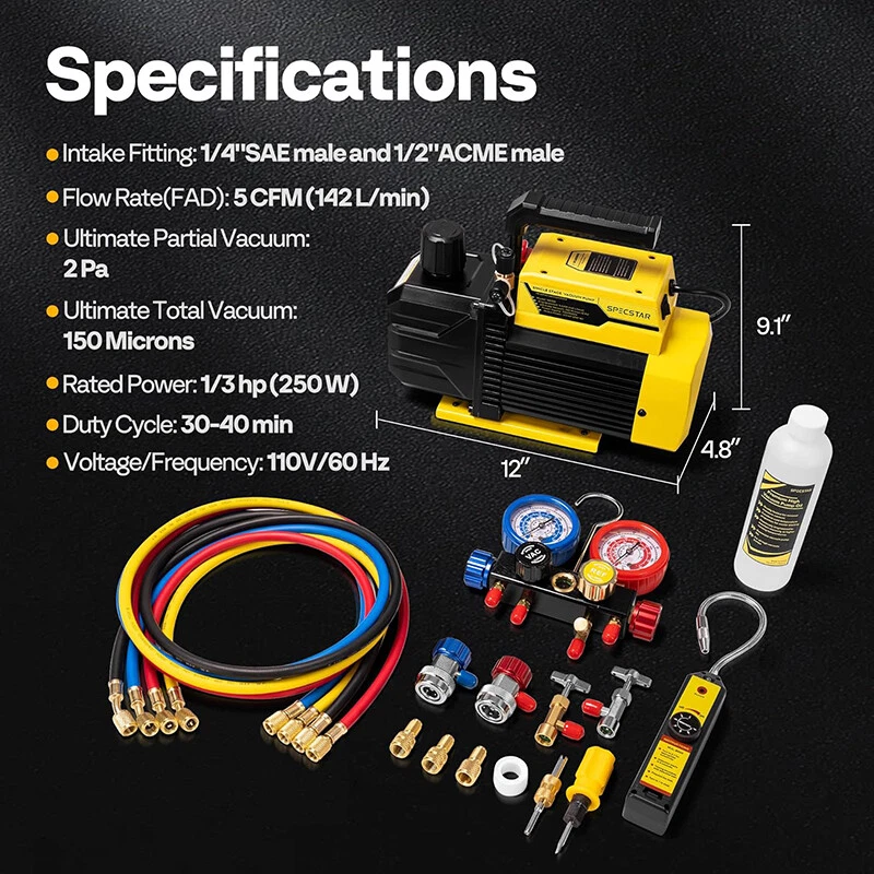 Bomba de vacío de aire 1/3 HP 5 CFM y juego de manómetros de 4 vías kit de refrigerante de aire acondicionado HVAC Foto 2 de 4