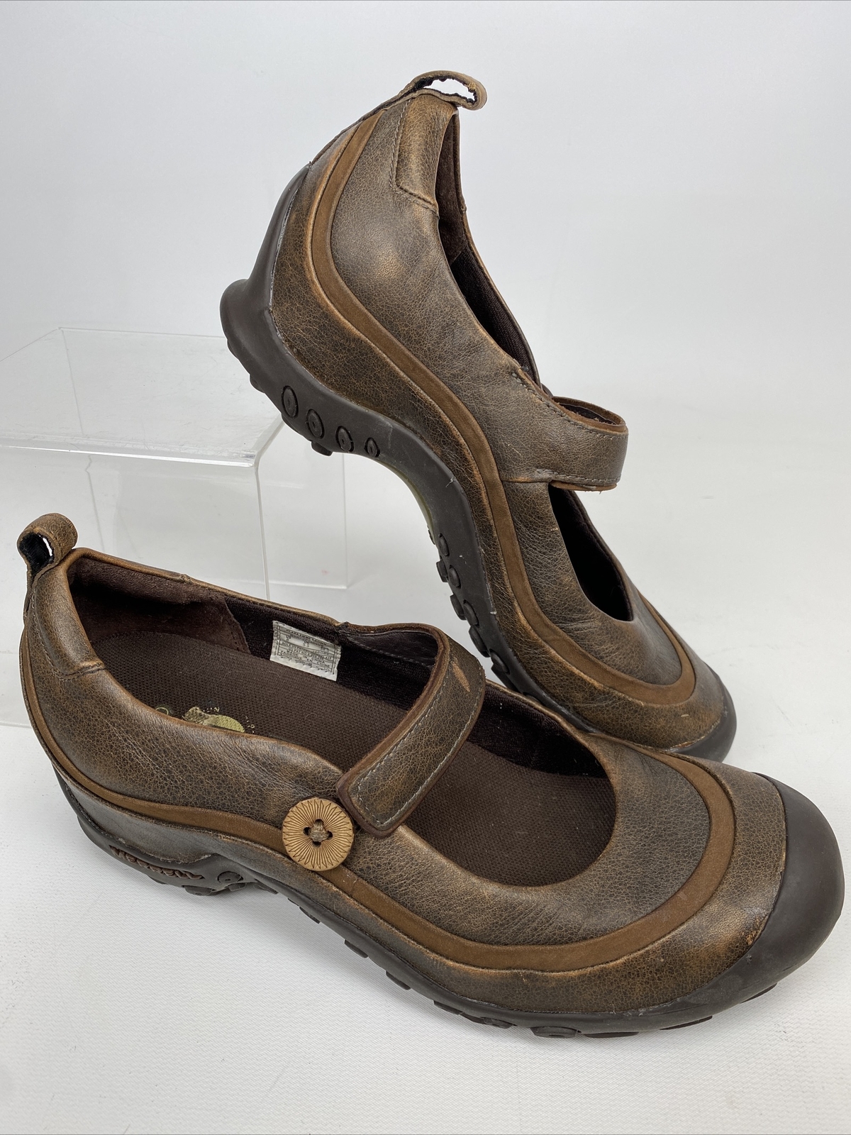 MERRELL scarpe in pelle invecchiata Plaza Emme marrone Mary Jane cinturino con bottoni taglia US 8