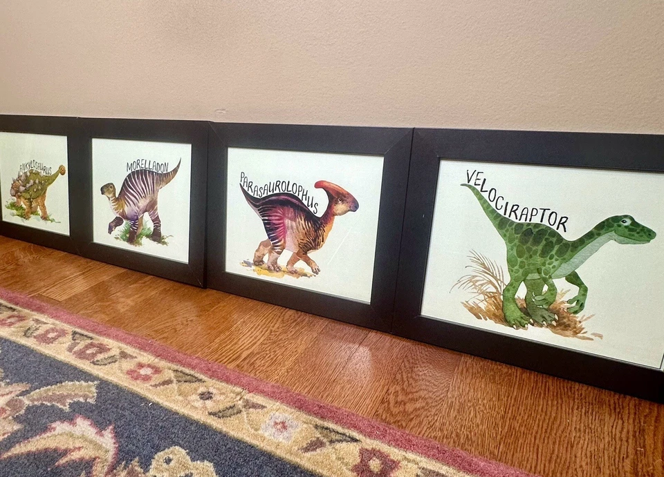 4 件套框架水彩恐龙艺术版画 8x10;墙面艺术;儿童房 — 第 3/4 张图片