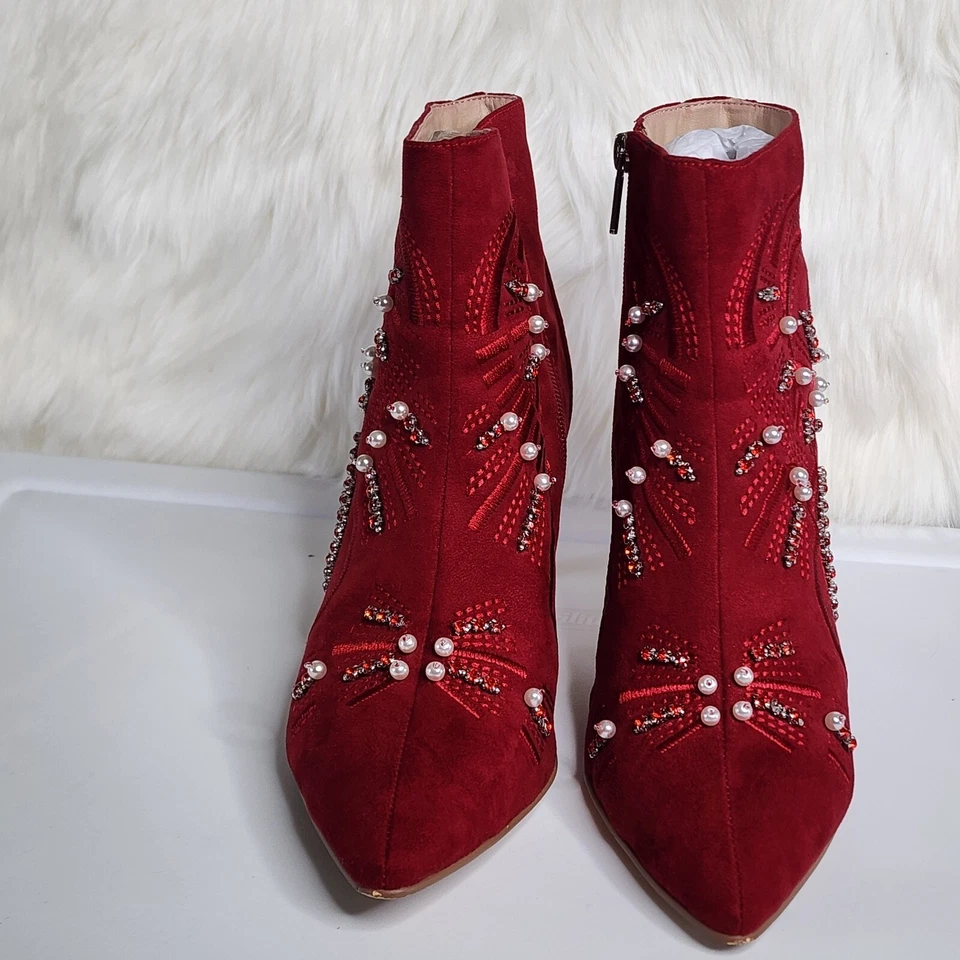 午夜天鹅绒人造麂皮绒红色靴子 9.5 米细跟珠水钻黑帮妻子 — 第 4/4 张图片