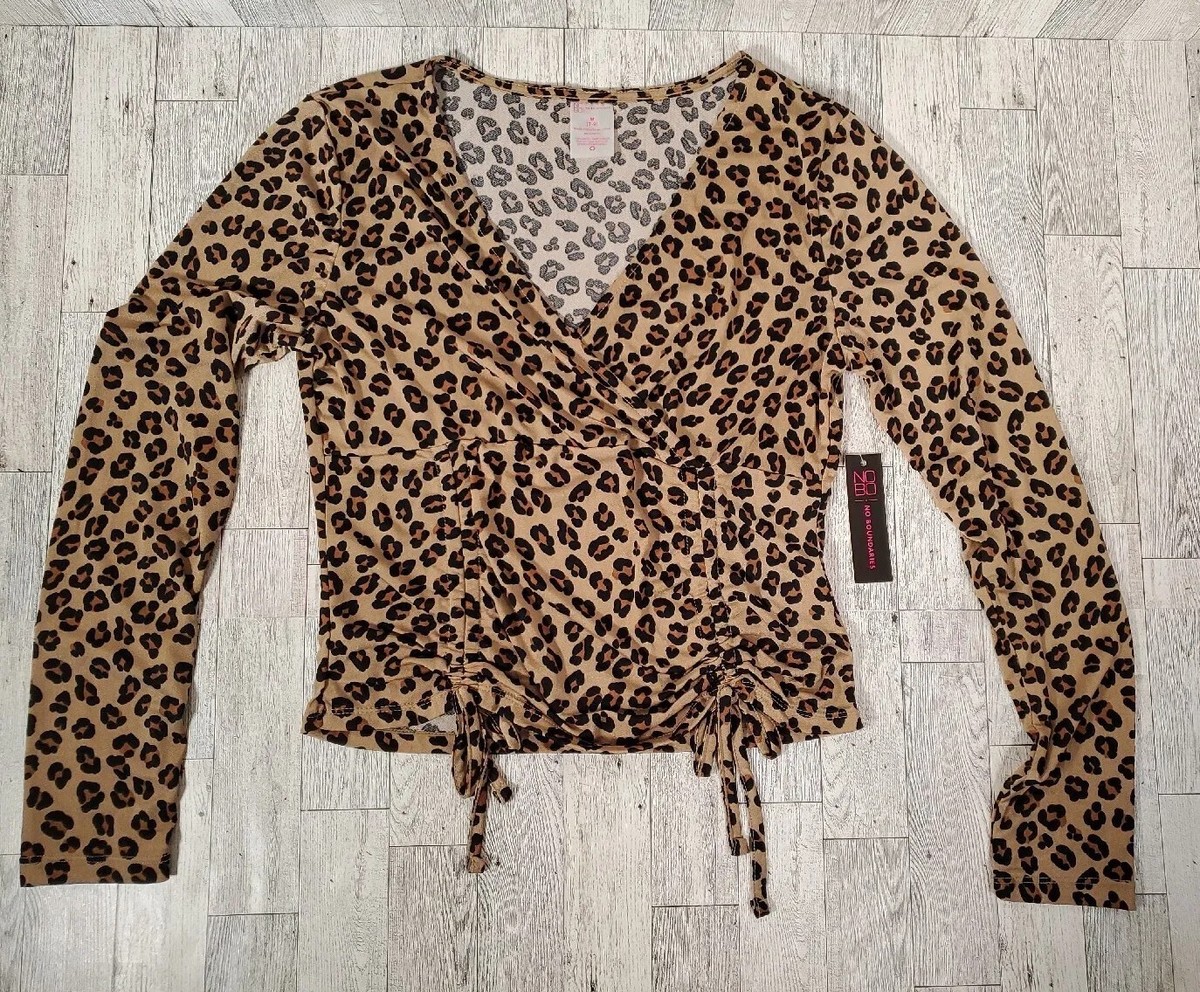 No Boundaries Shirt L & 3X Juniors Leopard Print Ruched Tie Front