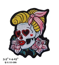 Rockabilly Girls Pin Up Skull Face With Flowers Embroidered Iron On Patch