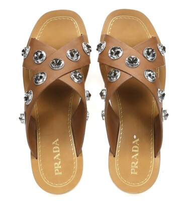 Prada Womens Brown Leather Crisscross Crystal Grommets Slide