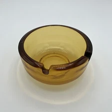 Vintage MCM Amber Glass Round Cigarette Ashtray 2 Slot w/Rounded Bottom 3.75"