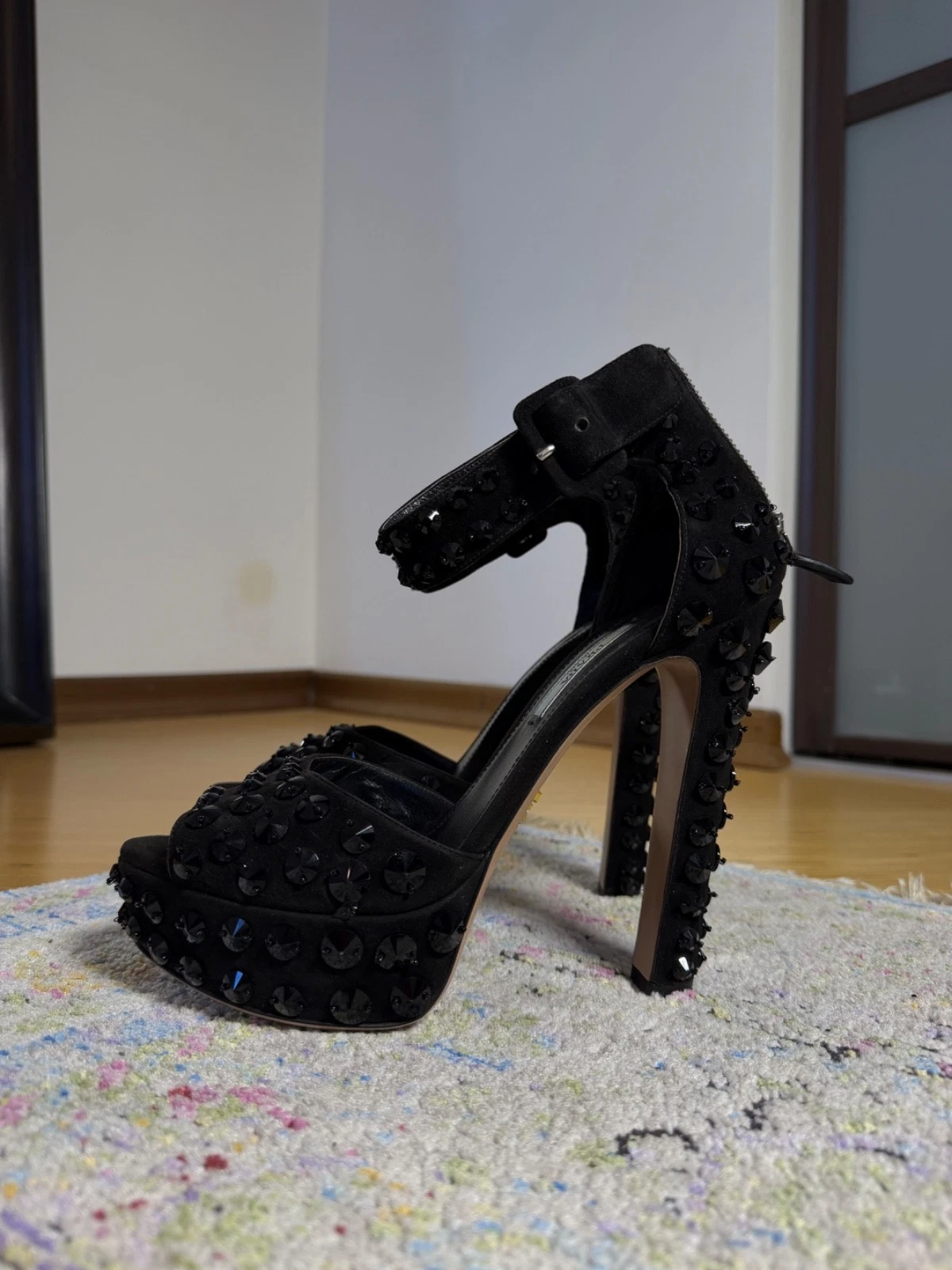 Prada Beaded Black Suede Platform Sandals 39EU