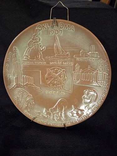 Vtg Frankoma Pottery Oklahoma State Plate Signed John Frank Prairie Green 8.5" W