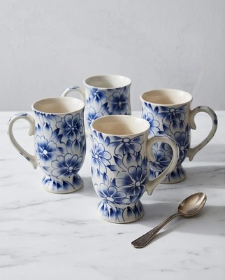 Lot de 4 tasses vintage en céramique à décor floral bleu | Tasses à café et thé - Photo 1/4