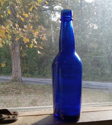 1880s COBALT BLUE APPLIED LIP BEER BOTTLE UNEMBOSSED ''LIQUID BREAD'' HAND BLOWN