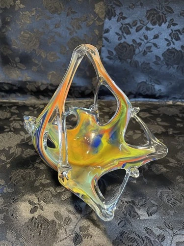 Unique Murano Italy Freeform Blown Stretch Art Glass Basket Vivid Multi Color