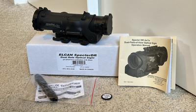 ELCAN SpecterDR 1-4X w/ flip covers, A.R.M.S, original packaging, and extras