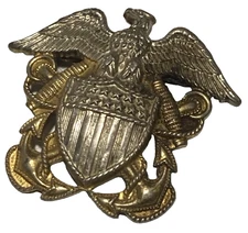 WWII US Navy Officer Eagle Anchor Badge Hat Pin Sign: H&J Sterling Silver WW2