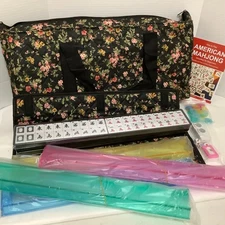 NEW American Mah Jongg Set 4 Racks/Pushers/Bag/Accessories Black Floral Pattern