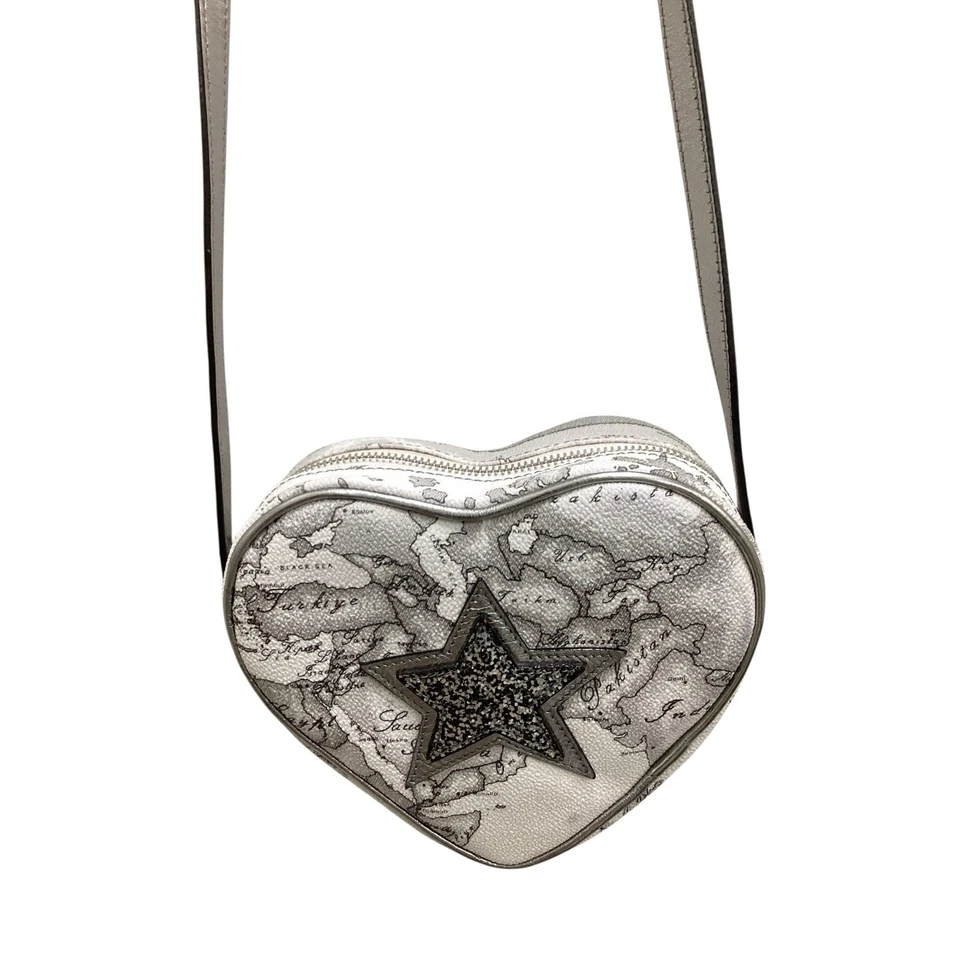 Bolso Bandolera Alviero Martini Para Mujer Talla 1 Forma Corazón Cuero Mapa del Mundo Blanco Foto 3 de 4