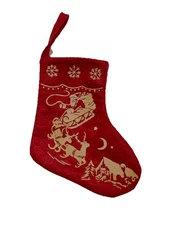 Vintage Christmas Stocking Cracker Barrel Red Velvet Santa And Sleigh