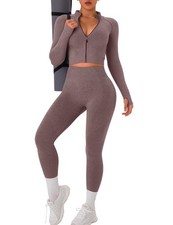Womens Workout Sets 2 Piece - Seamless Yoga Outfits Long Sleeve Zipper Jacket...