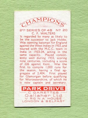 how much are 20 park drive cigarettes 1935 Gallaher Ltd Park Drive Cigarettes Champions 2nd Series #20 C.F.  WALTERS