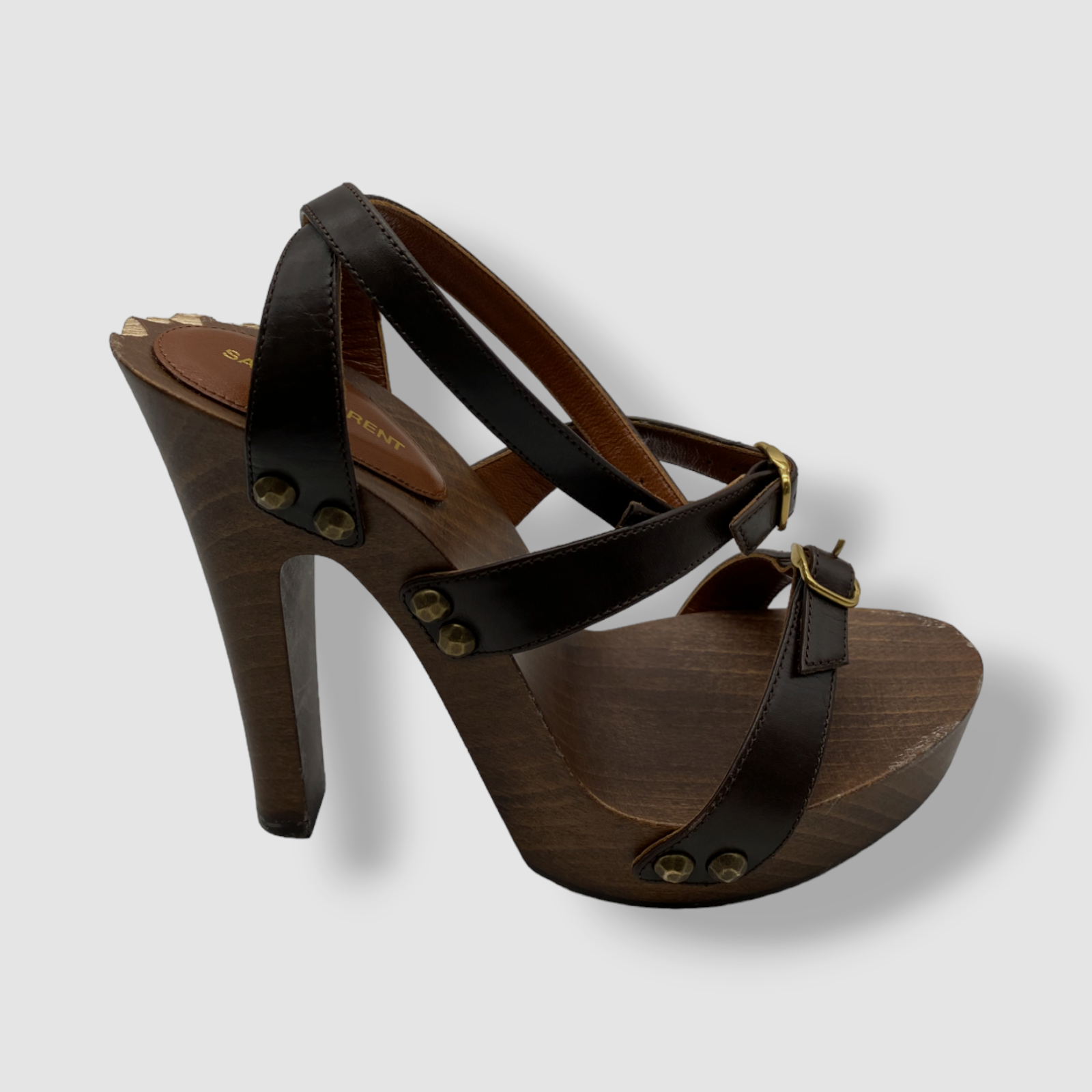 Scarpe sandali Saint Laurent donna marroni Joan cinturini in legno plateau $1650 37 5