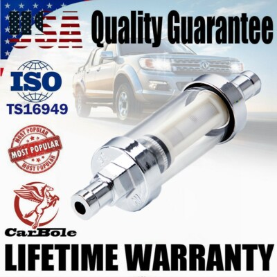 UNIVERSAL 3/8 INCH IN/OUT CLEAR VIEW GLASS INLINE FUEL FILTER CHROME PLATED HOSE