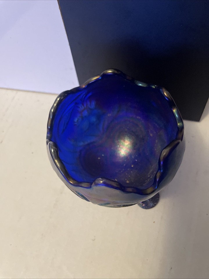 Vintage Imperial Blue Carnival Glass Footed cracked Egg Candy Dish 1951