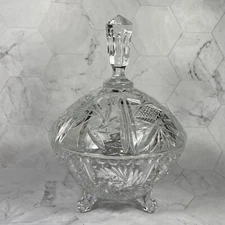 Vintage Cut Crystal Covered Footed Pinwheel & Fan Candy Dish 8 1/2 in.