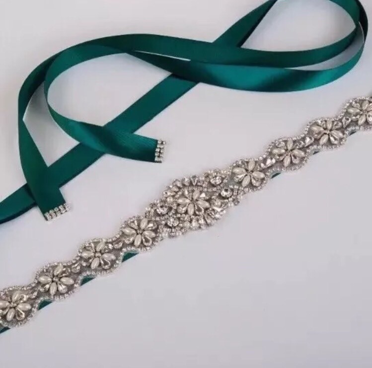 emerald green belt for dress ECYC Rhinestone Bridal Belt, Fashion Green Crystal Wedding Dress Belt Rhinestone Ribbon Belts for Women,01 at Amazon Women's Clothing store