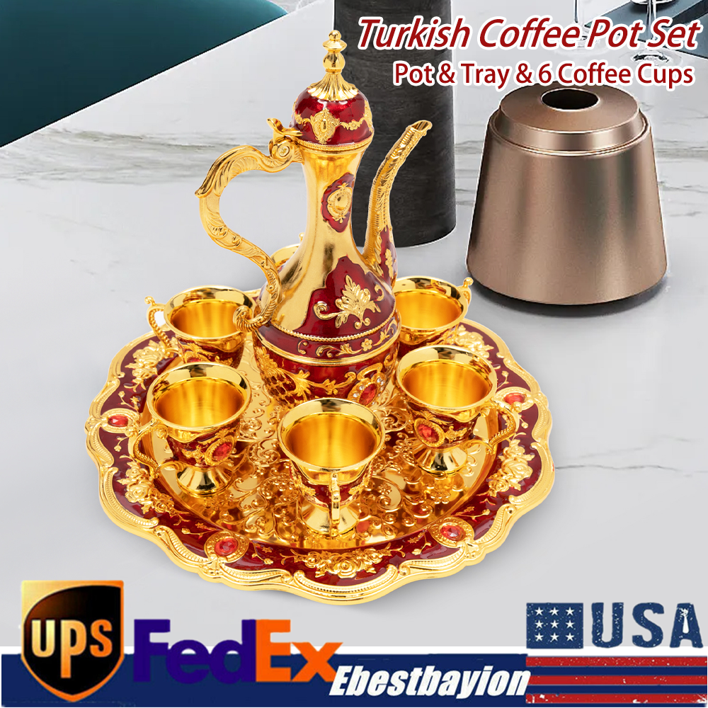 Vintage Turkish Coffee and Tea Set with 6 Luxury Cups in Metal
