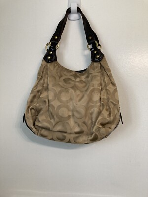 極美品 COACH ハンドバッグ オプアート ブラウン 馬車ロゴ 14305 Coach Madison 14305 Signature Op Art Brown Sateen Maggie Carryall