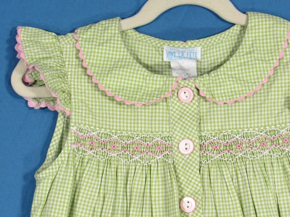 VESTIDO VIVA LA FETE Verde/Blanco GUINGAMA Algodón Sarga FOLSO Manga Acampanada Talla 4 Foto 3 de 4