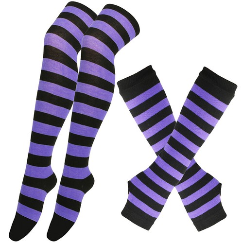 Womens Knit Socks Striped Knee High Socks Arm Warmer Fingerless Gloves Set OTK - Picture 11 of 41