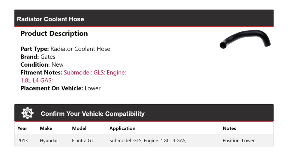 Manguera de refrigerante de radiador de gas para Hyundai Elantra GT GLS 2013 1,8 L L L4 puertas inferiores Foto 2 de 4