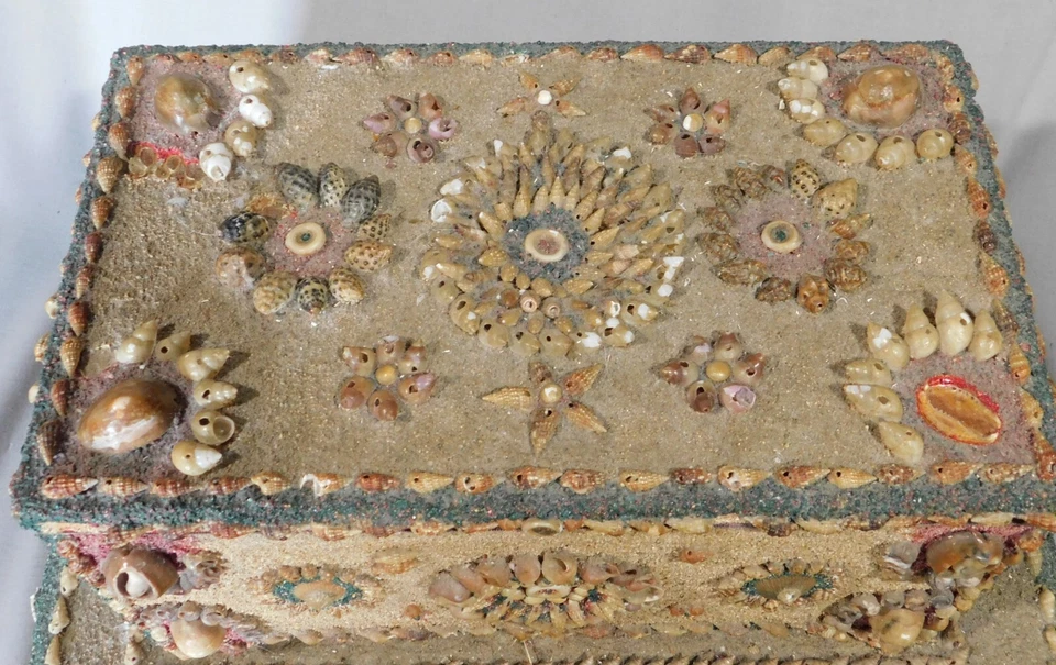 Antiguo joyero hecho por marinero arte popular caracol baratija siglo XIX espejo Foto 4 de 4