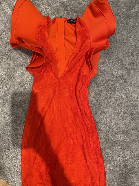 red lace ruffle detail plunge bodycon dress