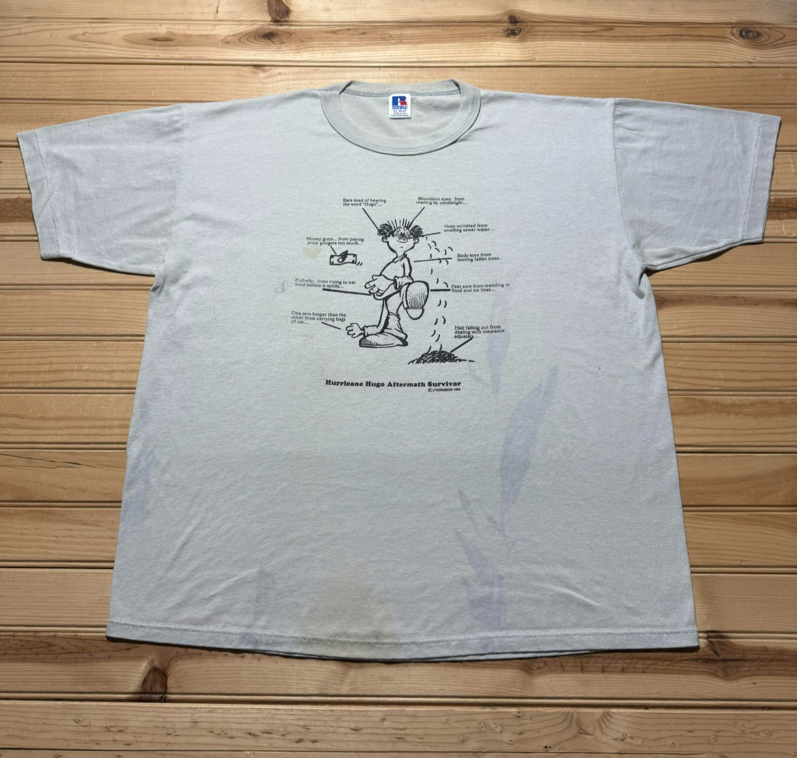 Vintage 1989 Hurricane Hugo Aftermath Survivor Cartoon Novelty Tee USA Made - XL