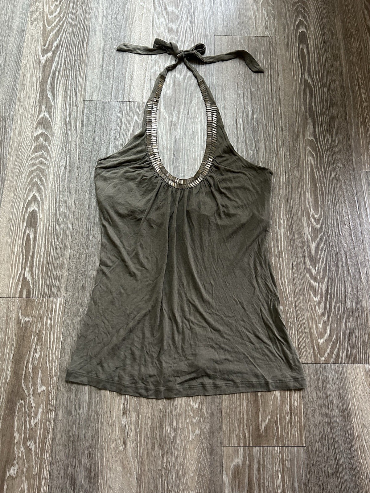 VTG Army Green Beaded Stretch Halter Tie Top Sz L Y2K Grunge 90s Beach