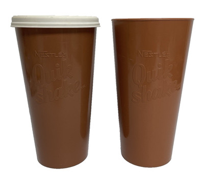 Vintage Nestle's Quik Milk Shake 24oz Brown Plastic Cup Tumbler Set w/ 1 Lid