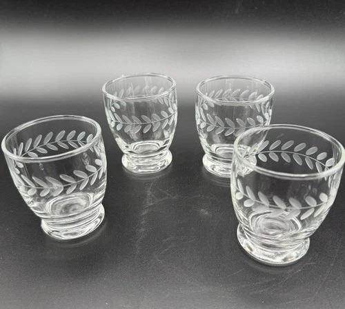 Vintage Anchor Hocking Laurel Footed Tumblers Etched Leaves Set of 4