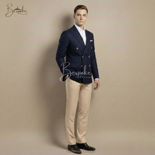 Men's 2 Piece Navy Suit Double Breasted Jacket Pants Groom Wedding Office Wear