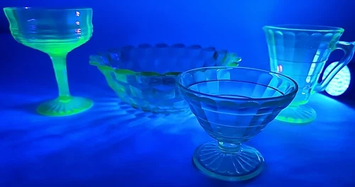 Depression Era Uranium Glass Lot: Dessert Cups Pitcher & Bowl