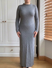 Mango MNG Long Grey Knit Maxi Dress High Neck L Stretchy