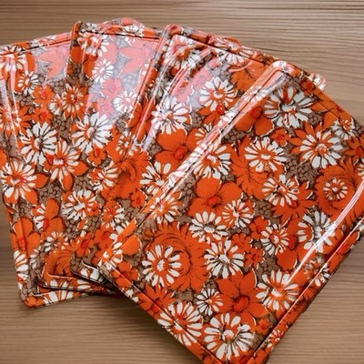 Vintage Retro Daisy Vinyl Placemat Set 4 Orange Red Brown 60's 70's Floral 11x17